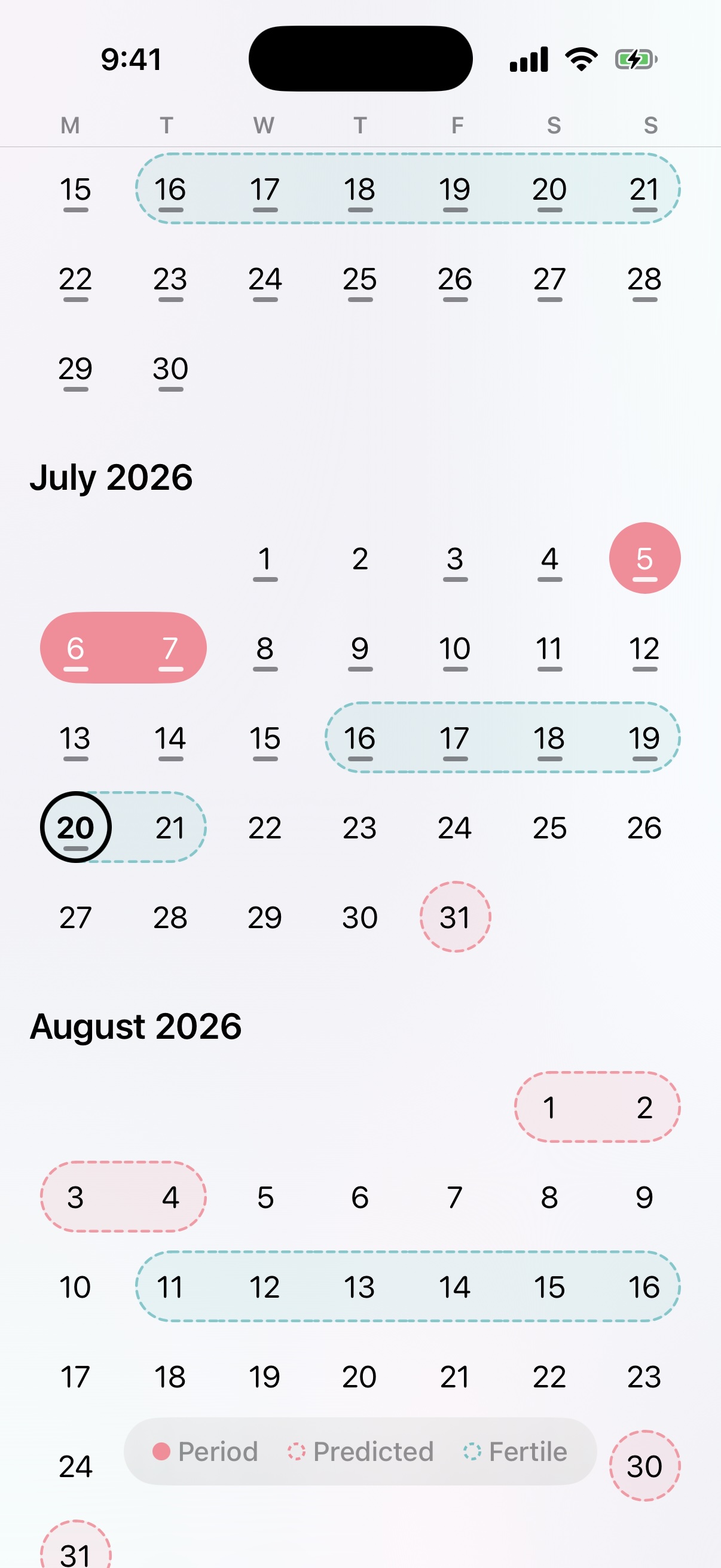 Ovuly calendar with recorded and predicted cycle dates