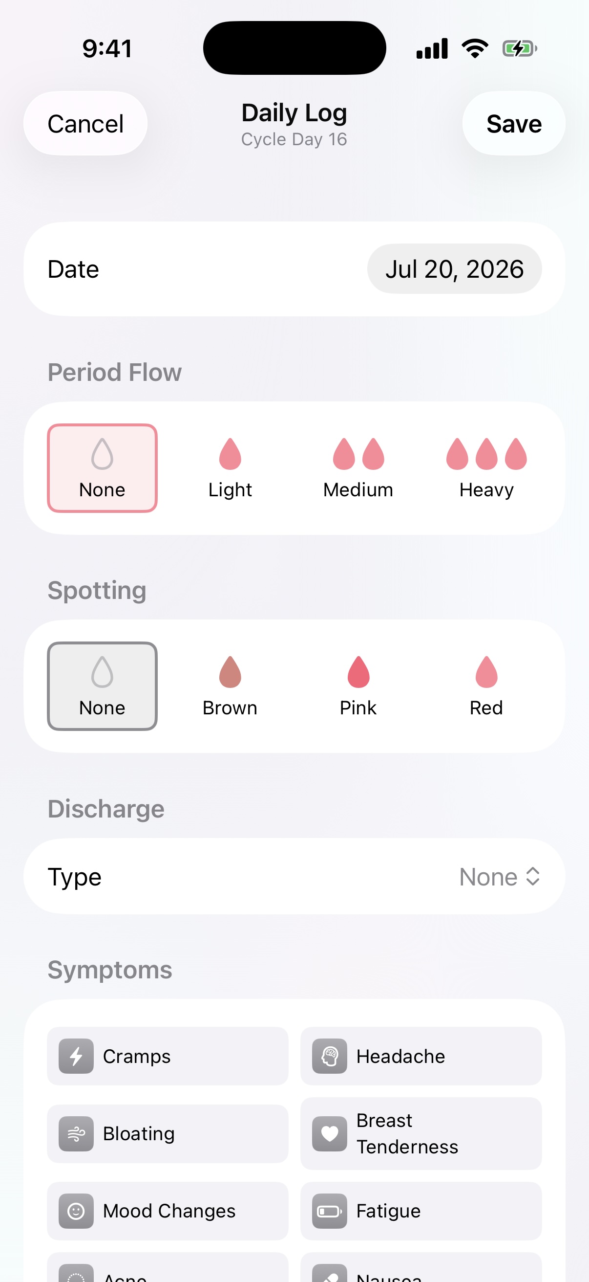 Ovuly symptom logging screen
